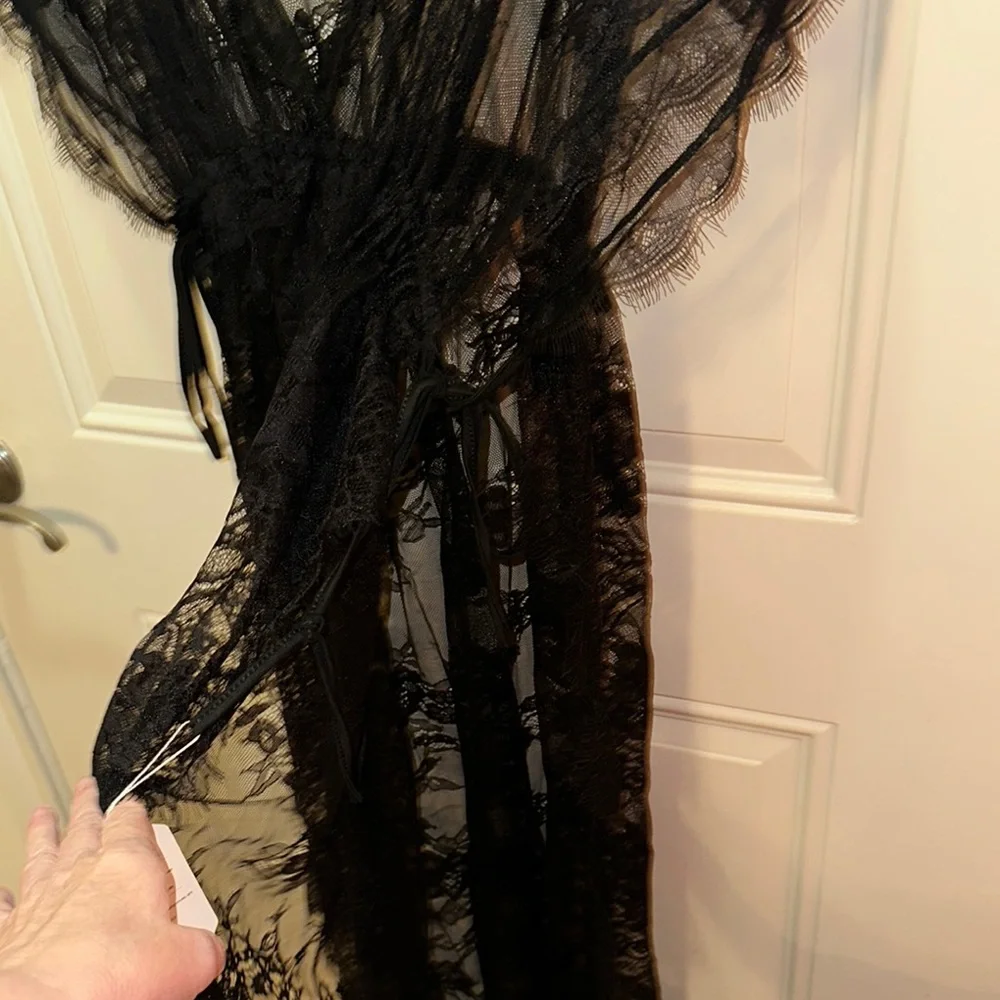 Vvbehot Sheer Black Lace Robe‎ with Deep V-Neck and Flowing Design